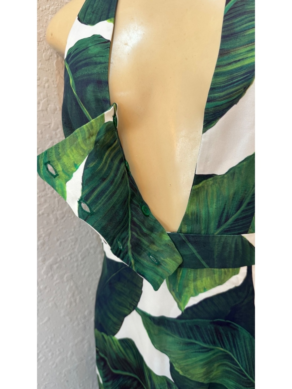 MILLY Tropical Banana Leaf Halter Maxi Dress Green White Backless NWOT - Picture 9 of 9